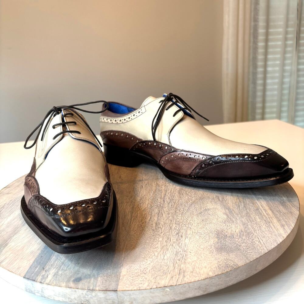 Emilio Franco Men's 11 44 Leather Spectator Brogue Derby Shoes Brown Cream Italy